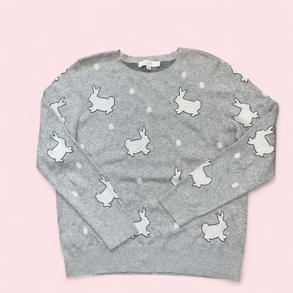 Loft Women's Grey and White Bunny Rabbit Knit Sweater SZ XL